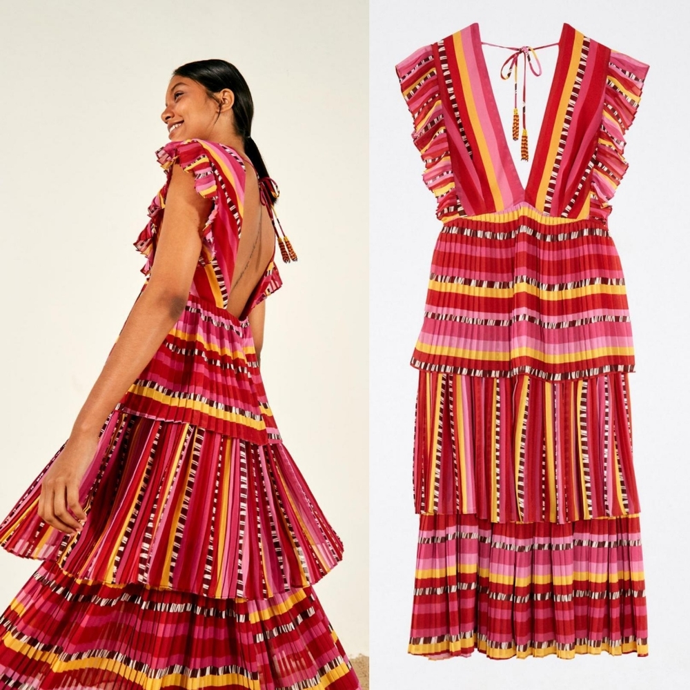 NEW FARM RIO lucy stripes tiered pleated ruffle shoulder deep v-neck midi dress